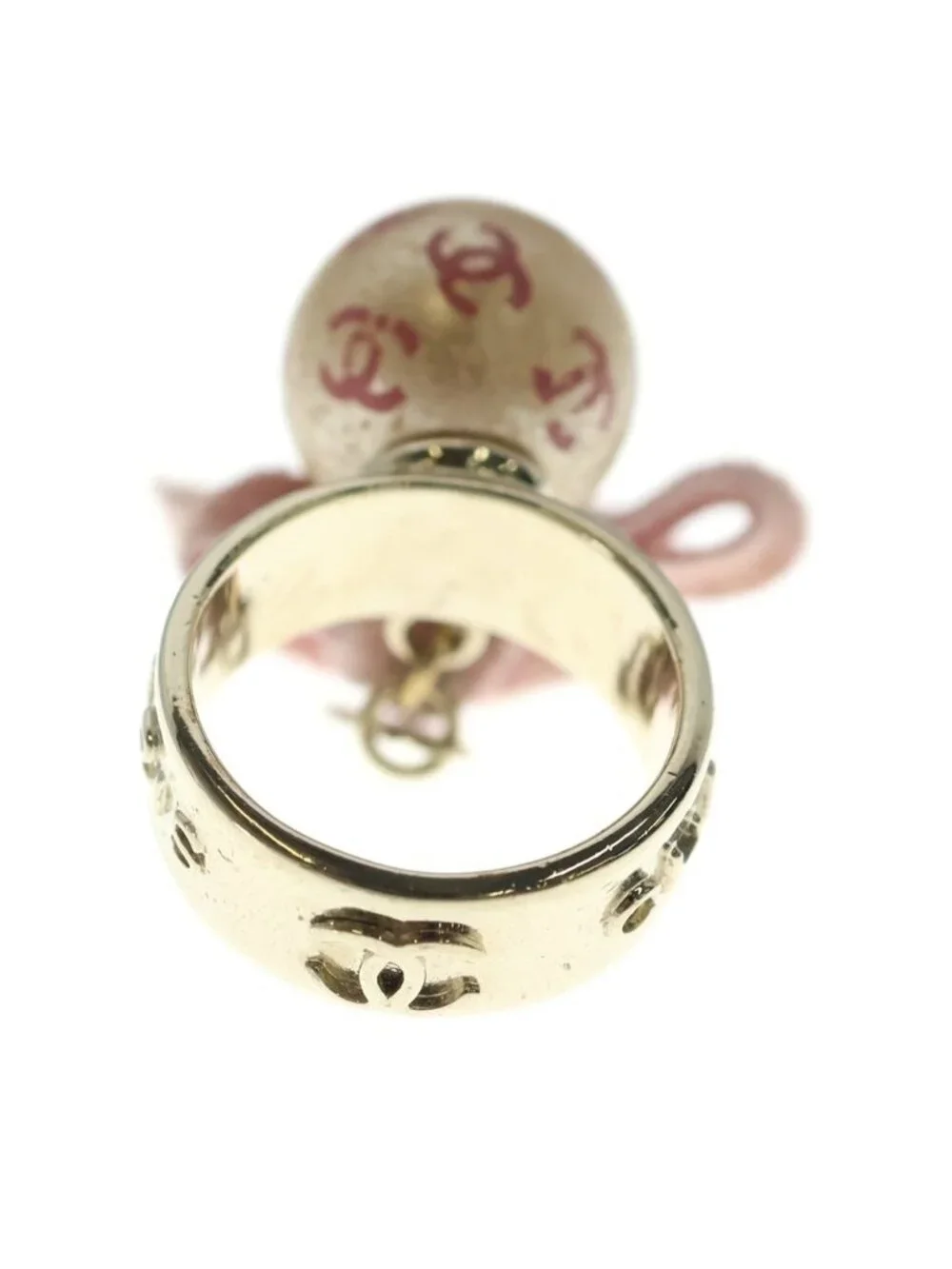 Chanel CC Logo Pearl Ribbon Ring Gold Pink